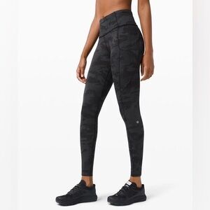 Lululemon Athletica Fast and Free Black Camo Leggings Pockets 25” Size 4